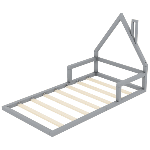 Cama infantil 90x200 cm - Cama baixa, em forma de casa, madeira de pinho, estilo simples - Cinza