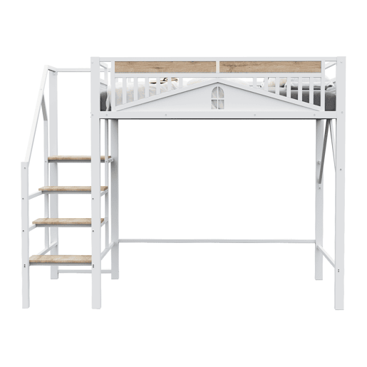 Cama alta metálica 140 x 200 cm - Design exclusivo com janela, escada de segurança e amplo espaço de arrumação debaixo da cama - Branco