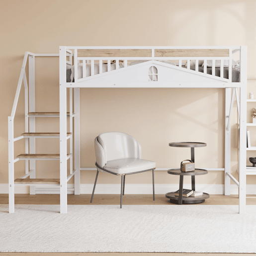 Cama alta metálica 140 x 200 cm - Design exclusivo com janela, escada de segurança e amplo espaço de arrumação debaixo da cama - Branco