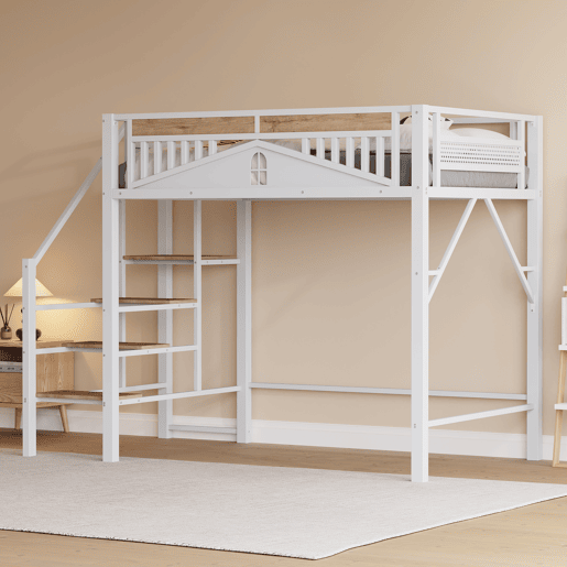 Cama alta metálica 140 x 200 cm - Design exclusivo com janela, escada de segurança e amplo espaço de arrumação debaixo da cama - Branco