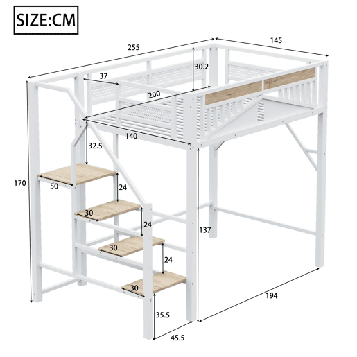 Cama alta metálica 140 x 200 cm - Design exclusivo com janela, escada de segurança e amplo espaço de arrumação debaixo da cama - Branco