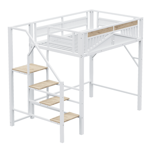 Cama alta metálica 140 x 200 cm - Design exclusivo com janela, escada de segurança e amplo espaço de arrumação debaixo da cama - Branco