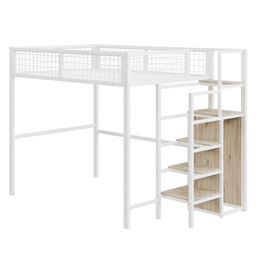 Cama alta 140*200 - com escada, cama infantil com estrutura metálica e prateleira de arrumação - Branco