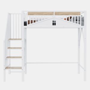 Cama alta metálica 90x200 cm - Segurança com janela, escada de segurança, espaço livre para tela - Branco