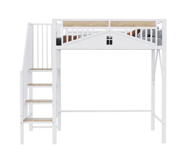 Cama alta metálica 90x200 cm - seguridad con ventana, escalera de seguridad, espacio libre para tela - blanco