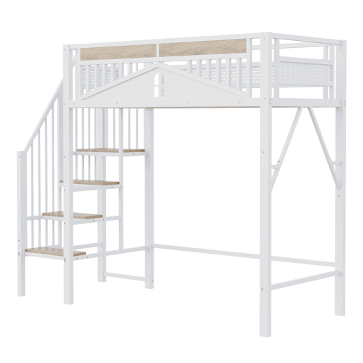 Cama alta metálica 90x200 cm - Segurança com janela, escada de segurança, espaço livre para tela - Branco