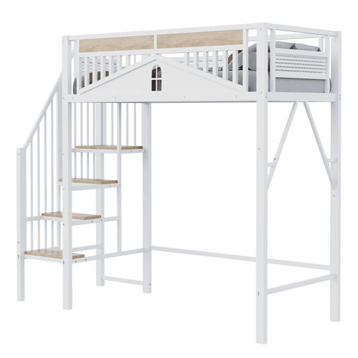 Cama alta metálica 90x200 cm - Segurança com janela, escada de segurança, espaço livre para tela - Branco