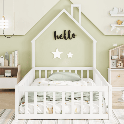 Cama infantil, 90 x 200 cm - Cama em forma de chaminé, com estrado (sem colchão), madeira de pinho, estilo minimalista - Branco