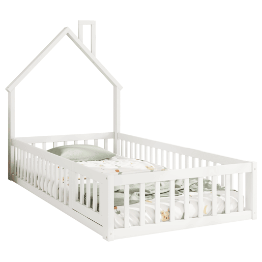 Cama infantil, 90 x 200 cm - Cama em forma de chaminé, com estrado (sem colchão), madeira de pinho, estilo minimalista - Branco