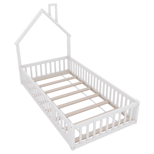 Cama infantil, 90 x 200 cm - Cama em forma de chaminé, com estrado (sem colchão), madeira de pinho, estilo minimalista - Branco