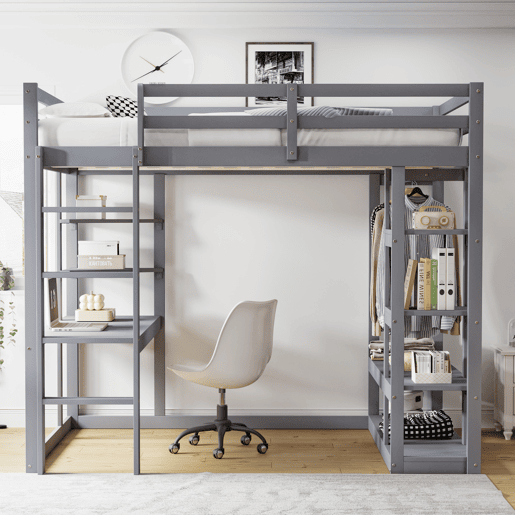 Cama alta 140*200 cm - Com mesa e prateleiras, com ganchos e compartimentos, laminada - Cinza Cama alta 140*200 cm - Com mesa e prateleiras, com ganchos e compartimentos, laminada - Cinza