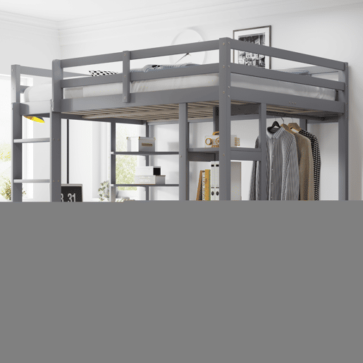 Cama alta 140*200 cm - Com mesa e prateleiras, com ganchos e compartimentos, laminada - Cinza Cama alta 140*200 cm - Com mesa e prateleiras, com ganchos e compartimentos, laminada - Cinza
