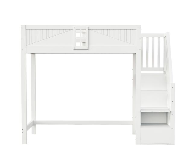 Cama alta madera maciza 90 x 200 cm - puerta de seguridad con ventana, escalera lateral con estantes intercambiable - blanco