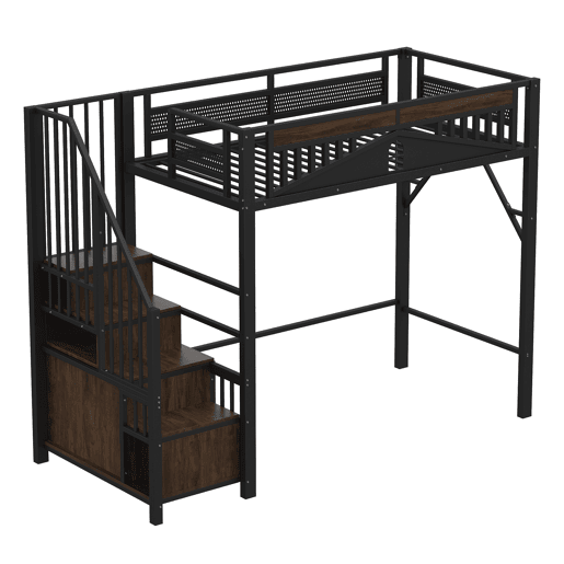 Cama alta metálica 90x200 cm - Casa de segurança única com janela, escada de segurança com armário - Preto
