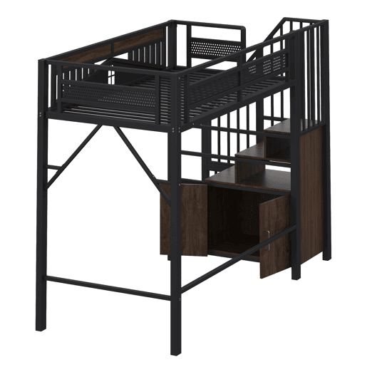 Cama alta metálica 90x200 cm - Casa de segurança única com janela, escada de segurança com armário - Preto