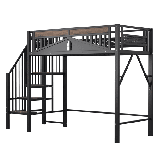 Cama alta metálica 90x200 cm - Com proteção de segurança exclusiva com janela, escada de segurança, espaço sob a cama para cobertura de tecido - Preta