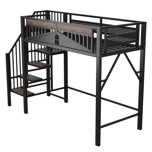 Cama alta metálica 90x200 cm - Com proteção de segurança exclusiva com janela, escada de segurança, espaço sob a cama para cobertura de tecido - Preta