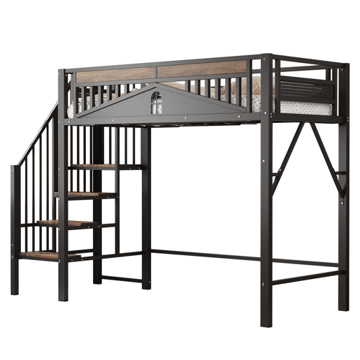 Cama alta metálica 90x200 cm - Com proteção de segurança exclusiva com janela, escada de segurança, espaço sob a cama para cobertura de tecido - Preta