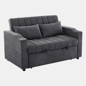 Sofá multifuncional moderno de 2 lugares - Sofá-cama com encosto ajustável, porta-copos e almofadas - Cinza