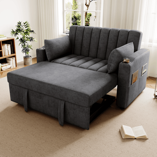Sofá multifuncional moderno de 2 lugares - Sofá-cama com encosto ajustável, porta-copos e almofadas - Cinza