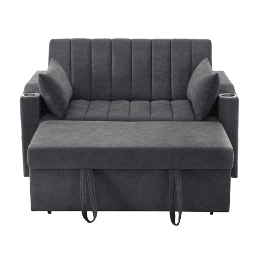 Sofá multifuncional moderno de 2 lugares - Sofá-cama com encosto ajustável, porta-copos e almofadas - Cinza