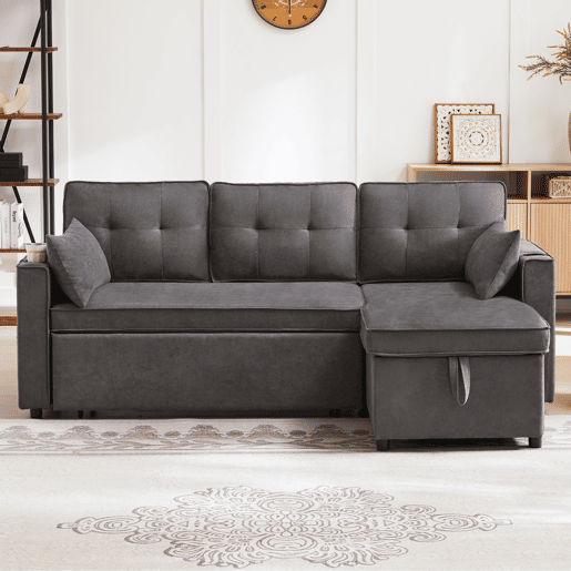 Sofá-cama em forma de L - Design moderno, sofá com arrumação e porta-copos - Cinza