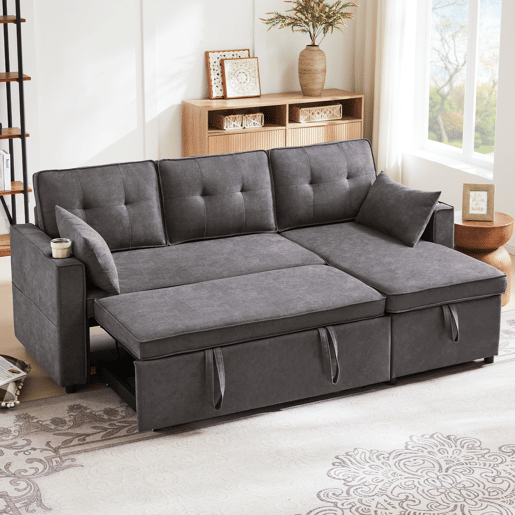 Sofá-cama em forma de L - Design moderno, sofá com arrumação e porta-copos - Cinza