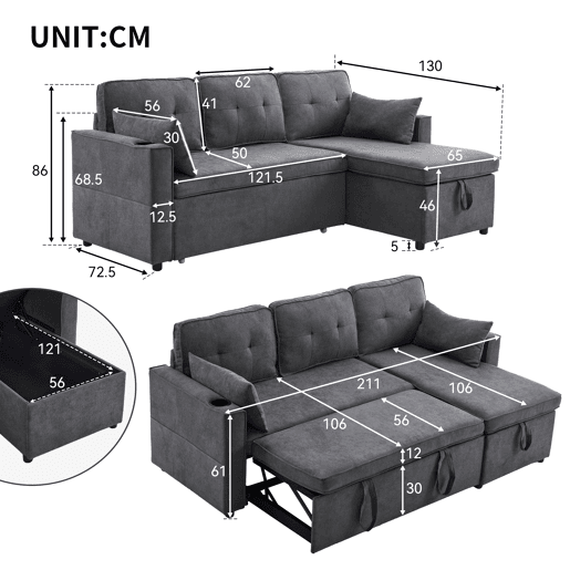 Sofá-cama em forma de L - Design moderno, sofá com arrumação e porta-copos - Cinza