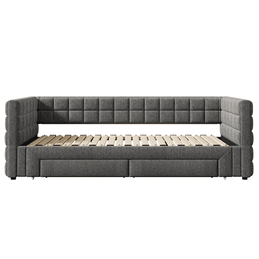 Sofá-cama, 90x200 cm - Sofá-cama com encosto quadrado, cama extensível (até 180 cm, tamanho queen), 2 gavetas, sem colchão - Cinza