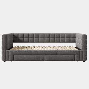 Sofá-cama, 90x200 cm - Sofá-cama com encosto quadrado, cama extensível (até 180 cm, tamanho queen), 2 gavetas, sem colchão - Cinza