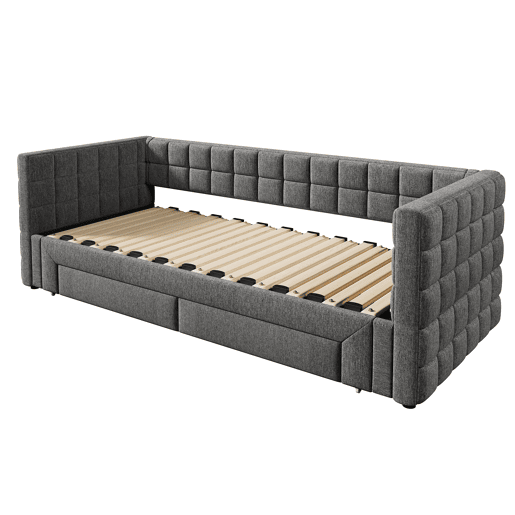 Sofá-cama, 90x200 cm - Sofá-cama com encosto quadrado, cama extensível (até 180 cm, tamanho queen), 2 gavetas, sem colchão - Cinza