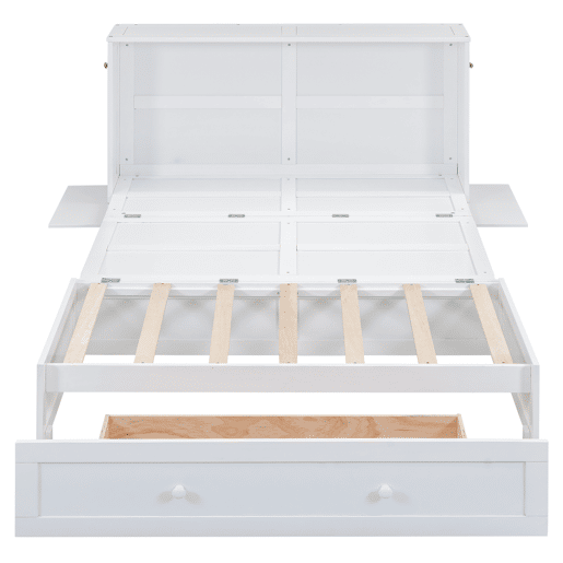 Cama Schrankbett 140x200 cm - Com gavetas na extremidade da cama e prateleira lateral - Branco
