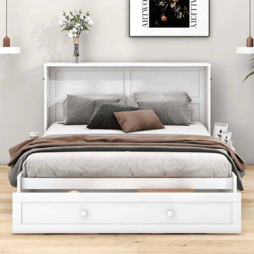Cama Schrankbett 140x200 cm - Com gavetas na extremidade da cama e prateleira lateral - Branco