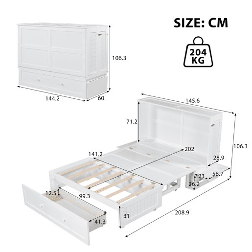 Cama Schrankbett 140x200 cm - Com gavetas na extremidade da cama e prateleira lateral - Branco