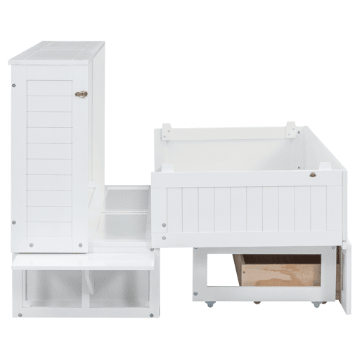 Cama Schrankbett 140x200 cm - Com gavetas na extremidade da cama e prateleira lateral - Branco