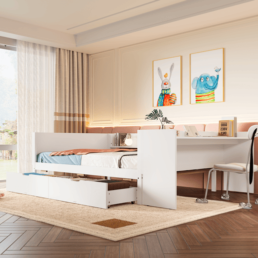 Cama de madeira 140x200cm - com secretária, 2 gavetas, prateleiras, sem colchão - branca