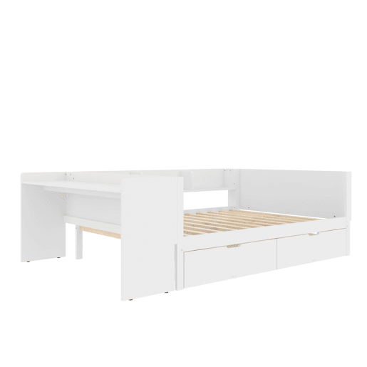Cama de madeira 140x200cm - com secretária, 2 gavetas, prateleiras, sem colchão - branca