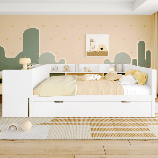 Cama de madeira 140x200cm - com secretária, cama adicional, prateleiras - branca