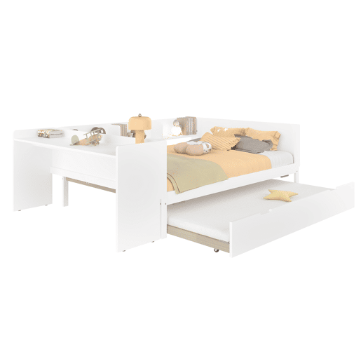 Cama de madeira 140x200cm - com secretária, cama adicional, prateleiras - branca