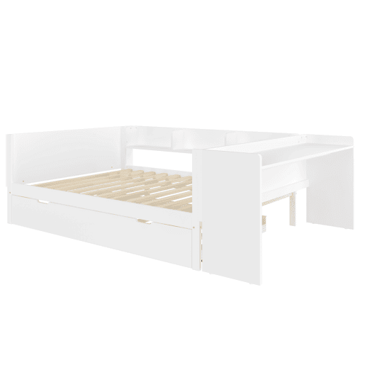 Cama de madeira 140x200cm - com secretária, cama adicional, prateleiras - branca