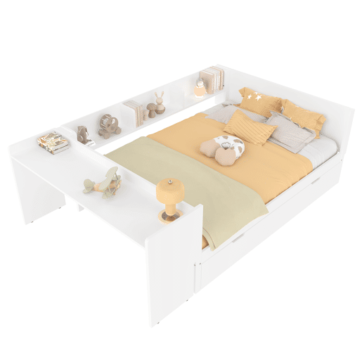 Cama de madeira 140x200cm - com secretária, cama adicional, prateleiras - branca