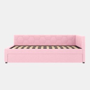 Sofá-cama, 140*200 cm, sofá-cama, cama com estrado de ripas (sem colchão), com candeeiro de mesa, com cama extra multifuncional, porta USB tipo C, material confortável, imitação de velo, rosa