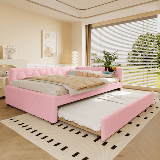 Sofá-cama, 140*200 cm, sofá-cama, cama com estrado de ripas (sem colchão), com candeeiro de mesa, com cama extra multifuncional, porta USB tipo C, material confortável, imitação de velo, rosa