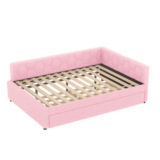 Sofá-cama, 140*200 cm, sofá-cama, cama com estrado de ripas (sem colchão), com candeeiro de mesa, com cama extra multifuncional, porta USB tipo C, material confortável, imitação de velo, rosa