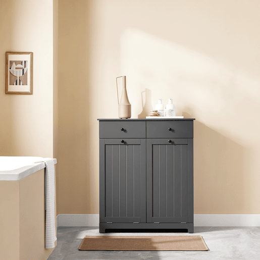 SoBuy Armário de Casa de Banho com Cesto de Roupa, Armário com Espelho e 2 Gavetas, Cinza, 78x38x90cm, BZR33-II-DG