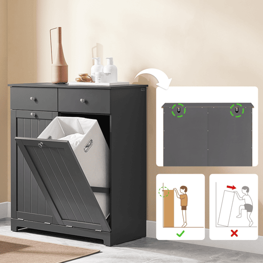 SoBuy Armário de Casa de Banho com Cesto de Roupa, Armário com Espelho e 2 Gavetas, Cinza, 78x38x90cm, BZR33-II-DG