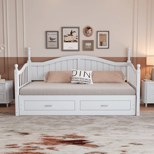 Sofá-cama extensível 90180*190 cm - com colunas romanas, encosto curvo, apoios de braços, com gavetas e estrado, cama multifuncional em pinho - Branco