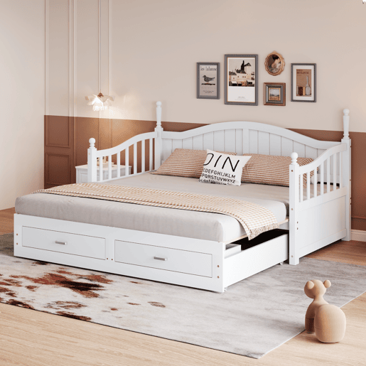 Sofá-cama extensível 90180*190 cm - com colunas romanas, encosto curvo, apoios de braços, com gavetas e estrado, cama multifuncional em pinho - Branco