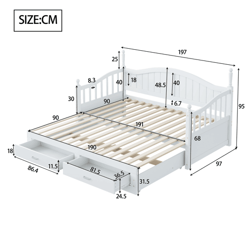 Sofá-cama extensível 90180*190 cm - com colunas romanas, encosto curvo, apoios de braços, com gavetas e estrado, cama multifuncional em pinho - Branco