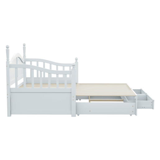 Sofá-cama extensível 90180*190 cm - com colunas romanas, encosto curvo, apoios de braços, com gavetas e estrado, cama multifuncional em pinho - Branco